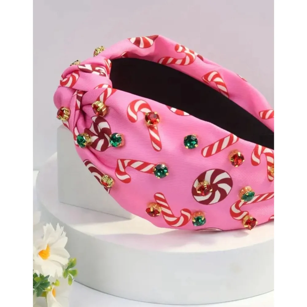 Pink Candy Cane and Peppermint Rhinestone Top Knot Headband